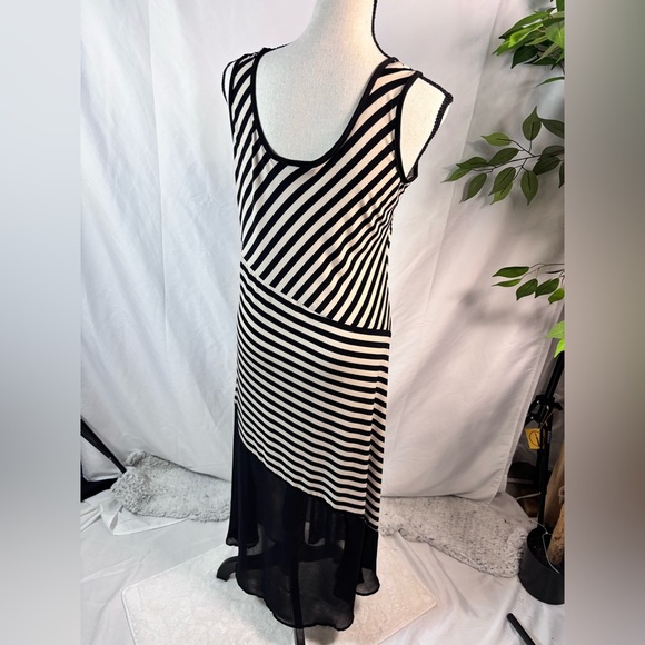 Ellen Parker dress sleeveless stretchy white/black stripes sheer black trim - Picture 9 of 13